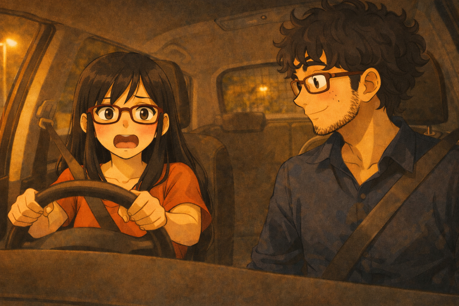 Interior of a small silver car at night — Mia gripping the steering wheel mid-apology, Faris looking at her with a gentle reassuring smile. Awkward and sweet.